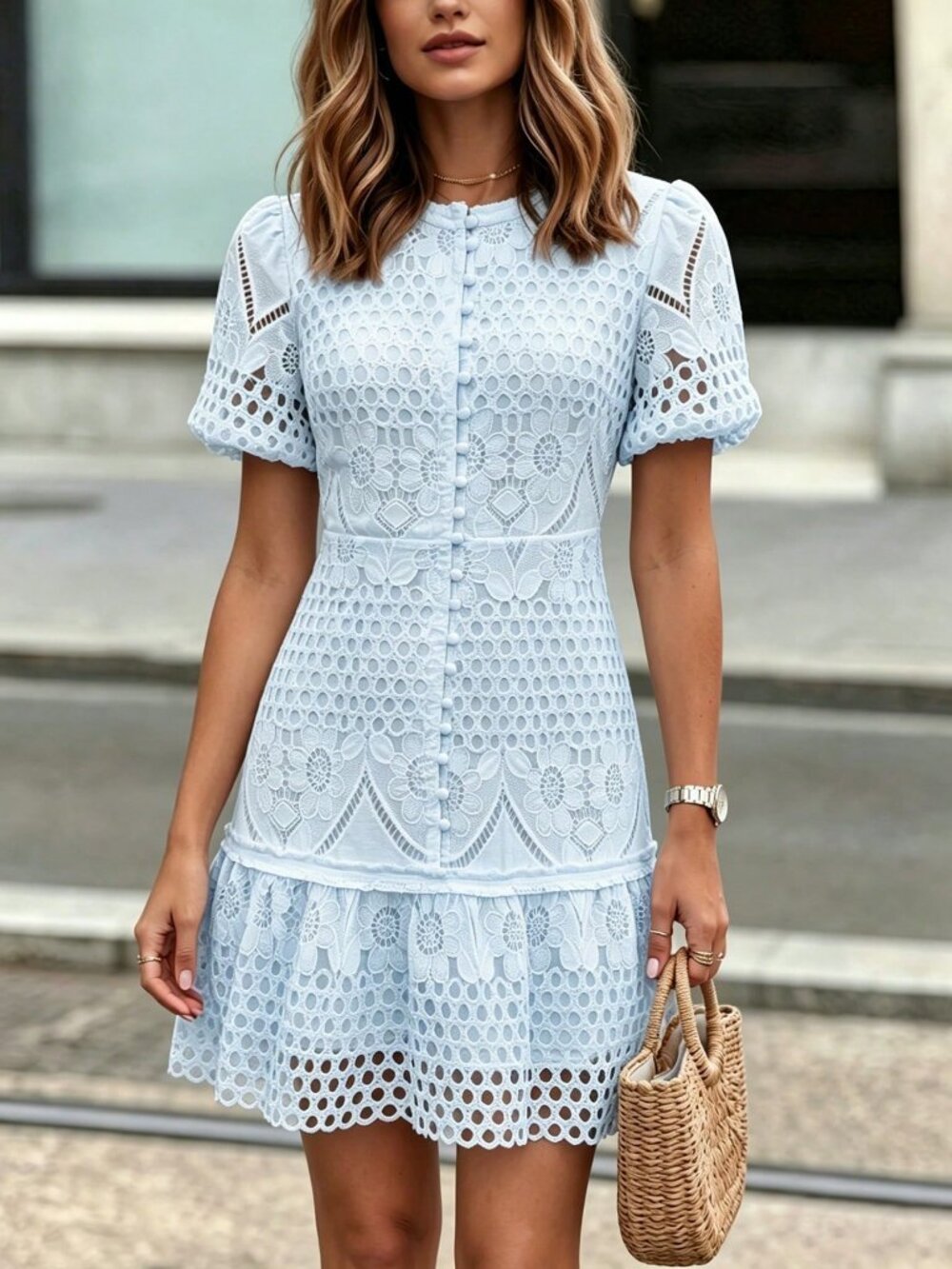 Baby Blue Elegant Women's Hollow-Out Floral Puff Sleeve Mini Dress Ruffle Hem - Picture 8 of 8